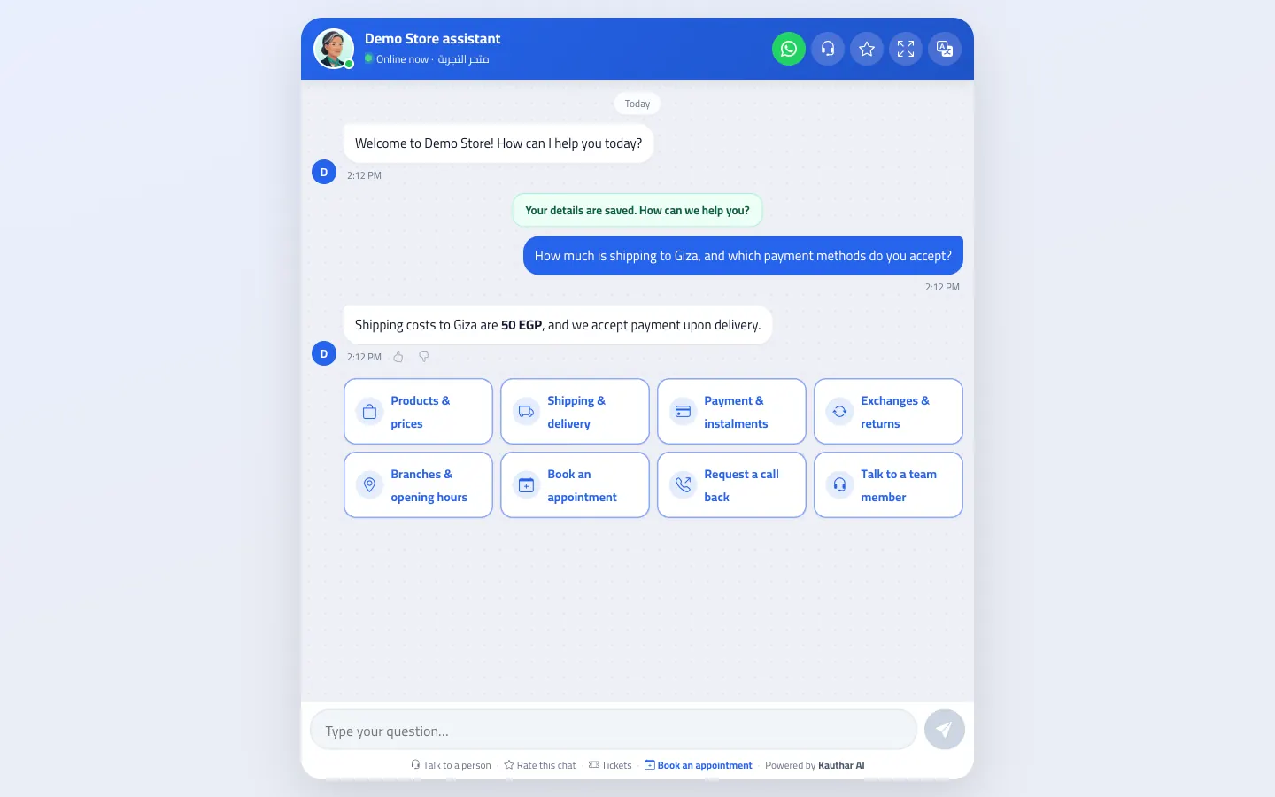 A customer asks about shipping and payment in the chat and Kauthar answers from the business information